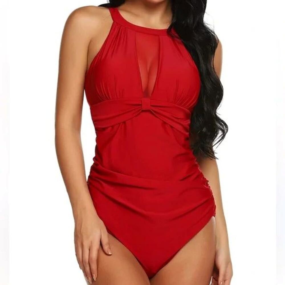 NWT One Piece High Neck Swimsuit Red Mesh Ruched L